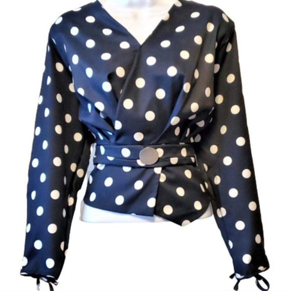 Harmony Faux Wrap Blouse Polka Dot Top Surplice Neckline Retro Size Small